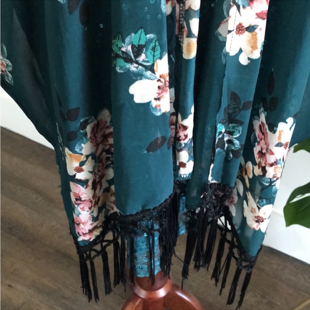 Elegant Holiday Floral Kimono Teal Wrap Shawl Only Final Sale - Picture 3 of 6